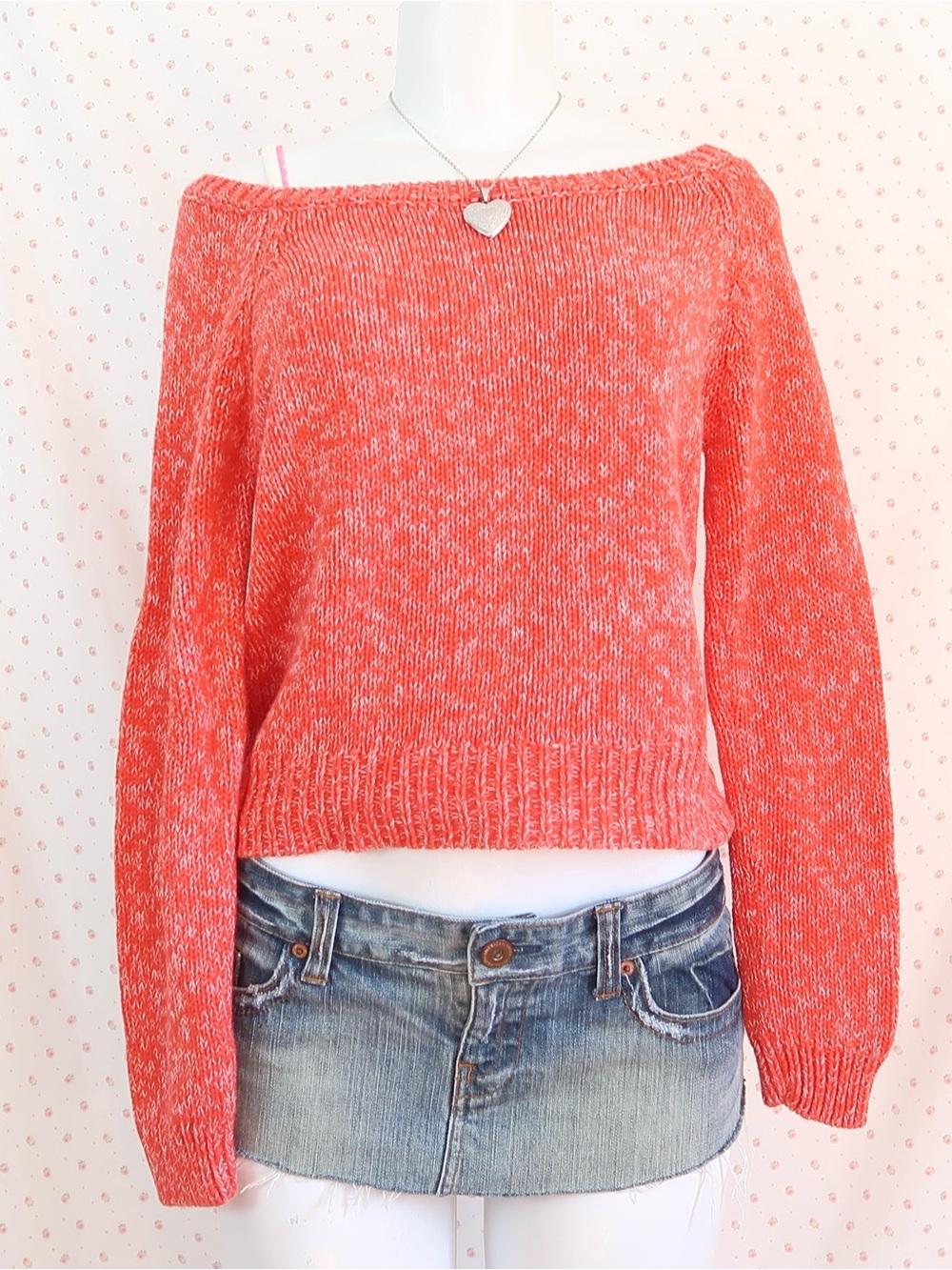 American Eagle Outfitters Coral Marled Off-Shoulder Sweater